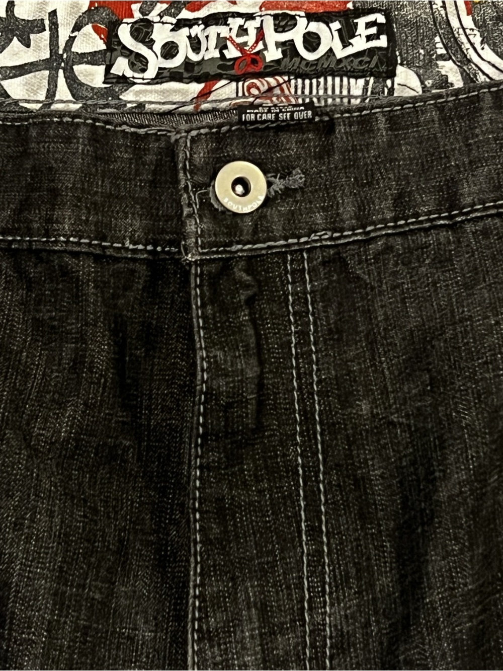 Vintage Southpole Baggy Black Denim Jorts Contrast Graffiti Patchwork Y2K Sz 52 - Picture 5 of 11